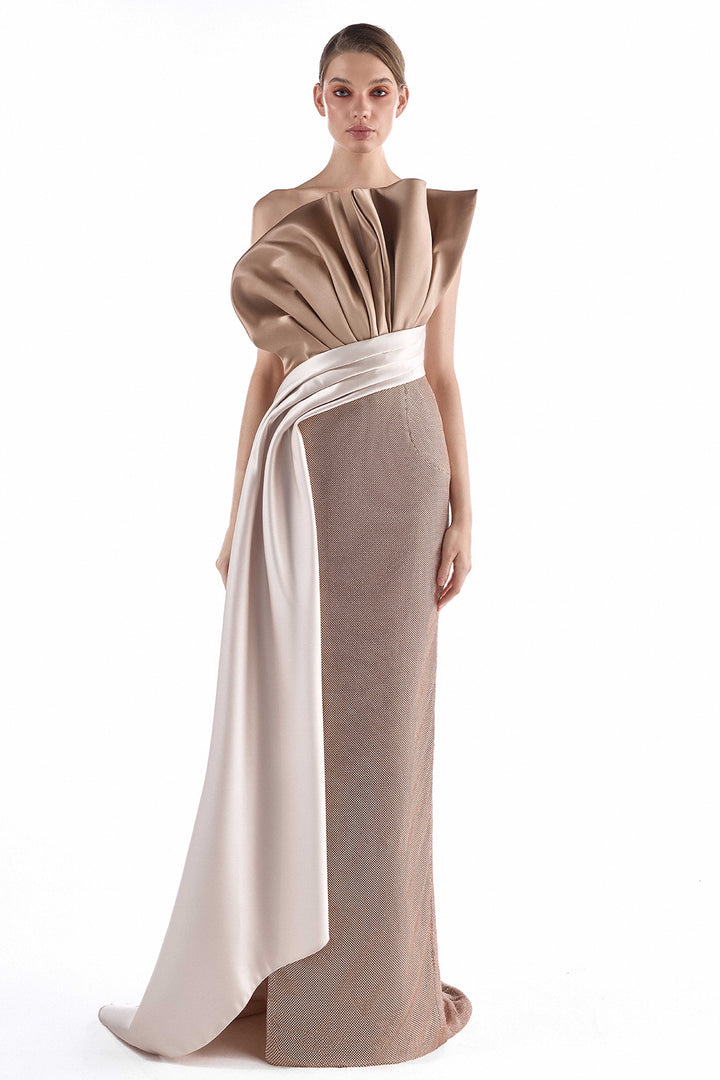 Asymmetric Strapless with Fold Mikado Column Dress