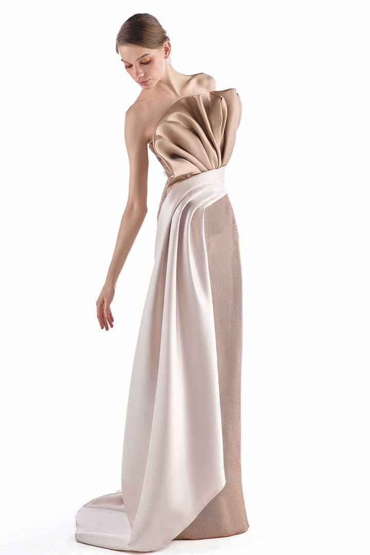 Asymmetric Strapless with Fold Mikado Column Dress