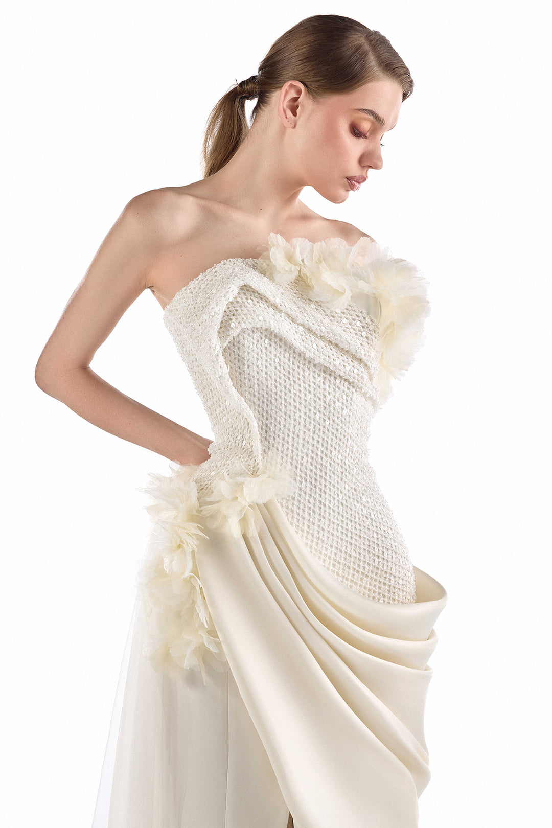 Strapless with Draped Floral Long Dress