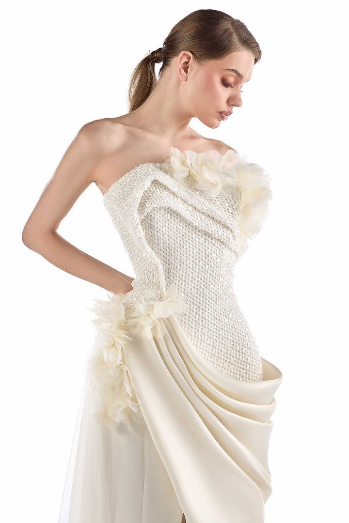 Strapless with Draped Floral Long Dress