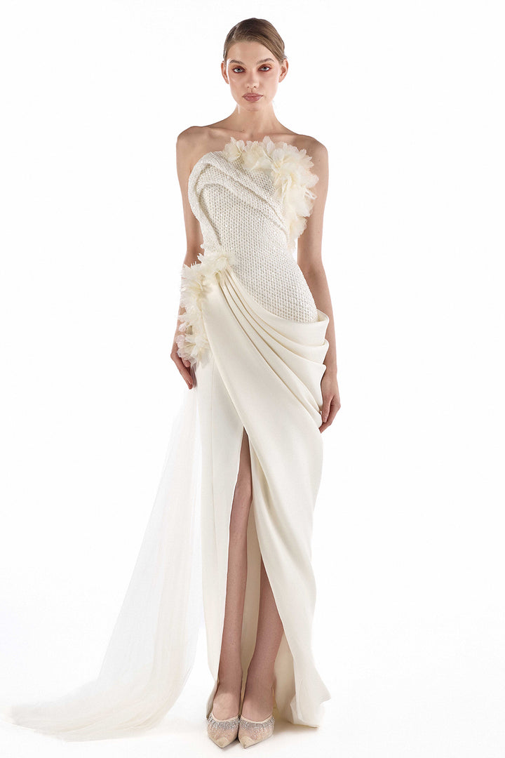Strapless with Draped Floral Long Dress