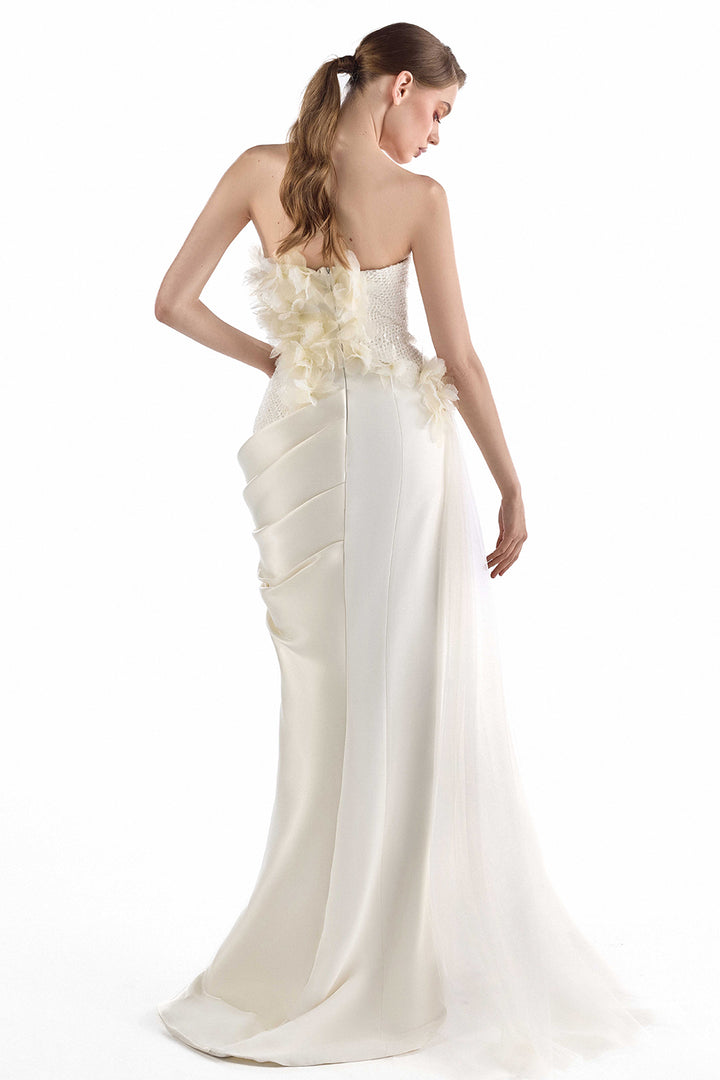 Strapless with Draped Floral Long Dress