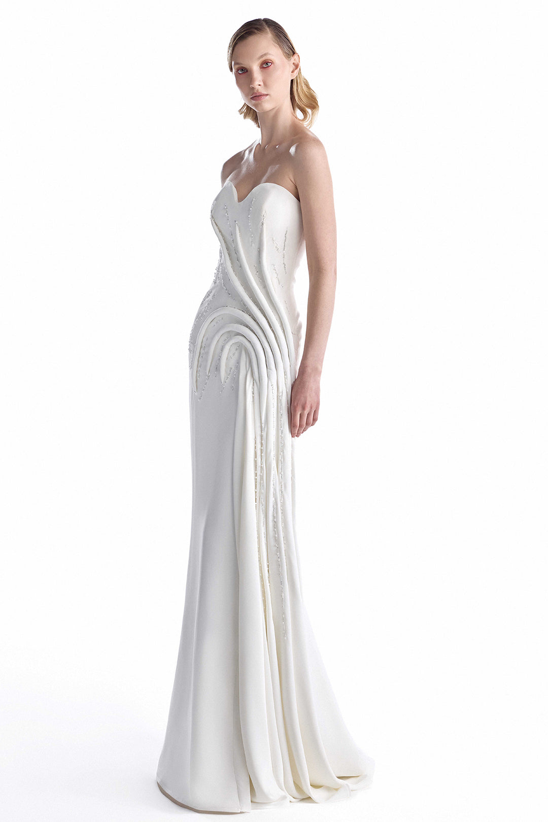 Pearl Beaded Sculpted Strapless Column Dress