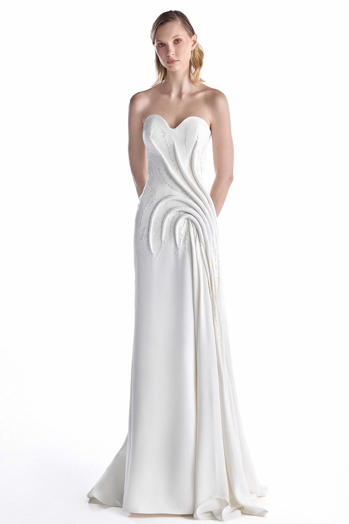 Pearl Beaded Sculpted Strapless Column Dress