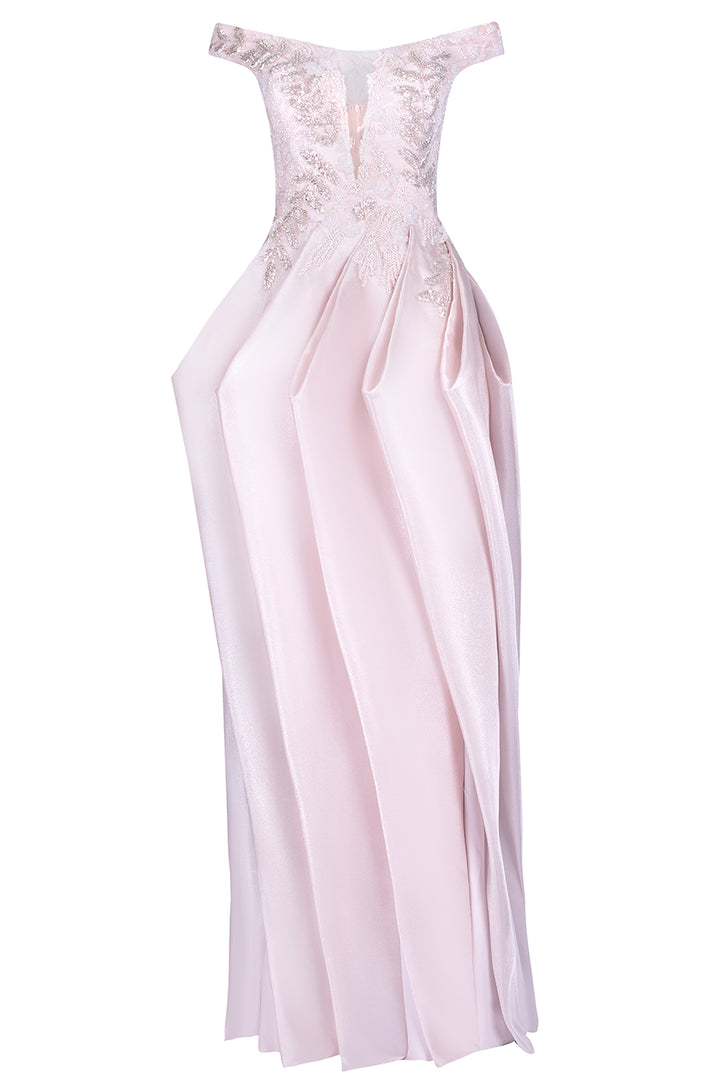 Off-The-Shoulder with Embroidered Pleated Dress