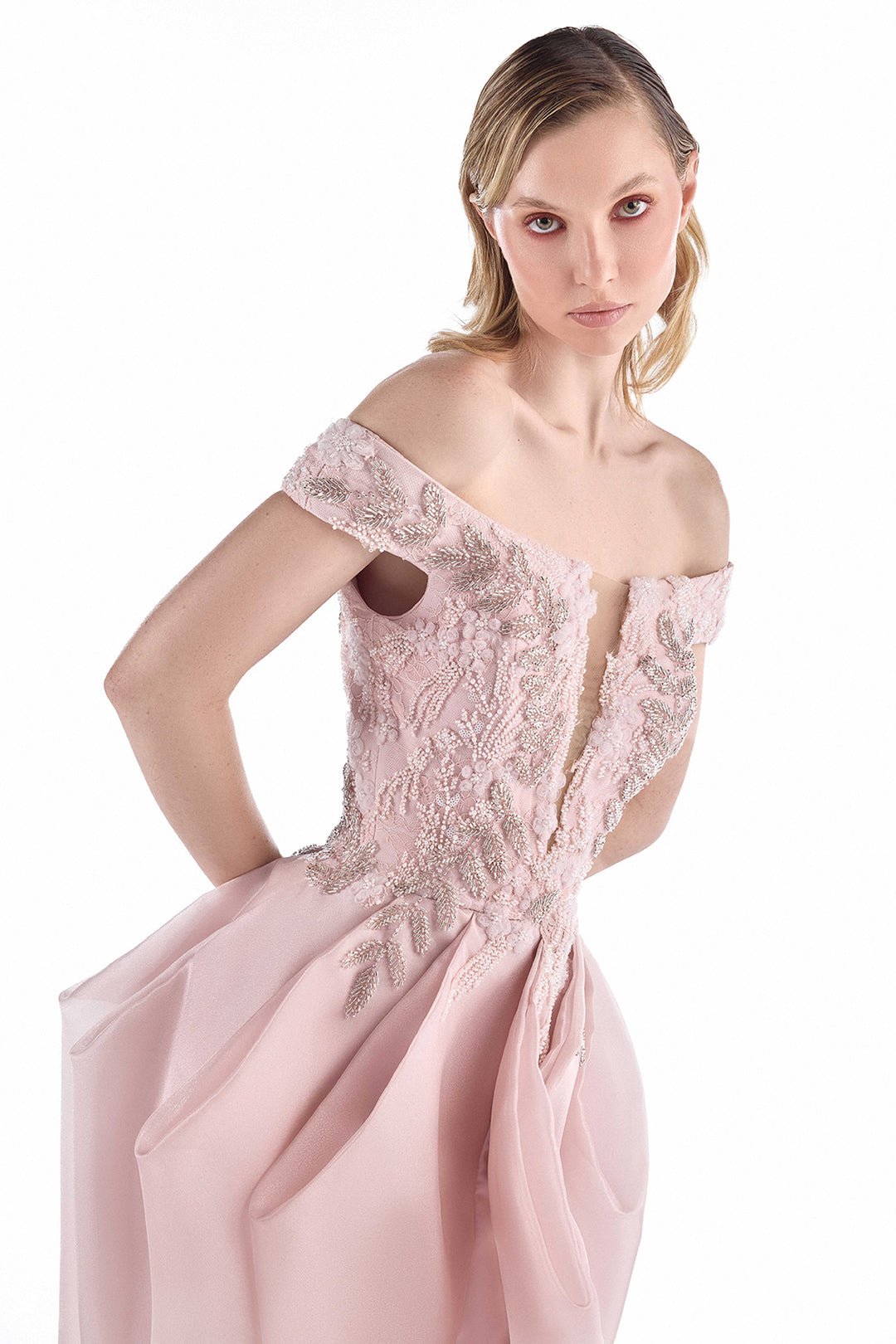 Off-The-Shoulder with Embroidered Pleated Dress