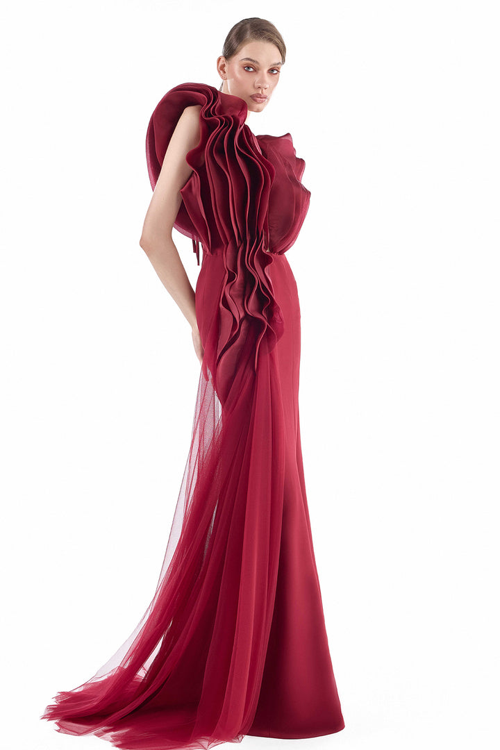Sculpted Crepe with Organza Ruffled Dress