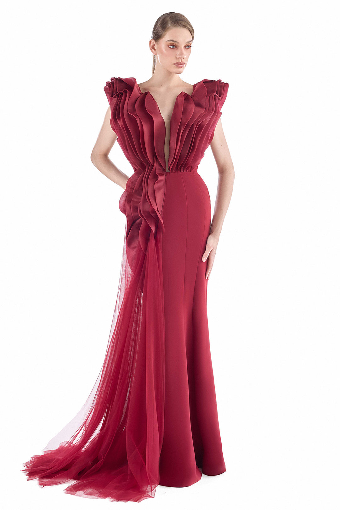 Sculpted Crepe with Organza Ruffled Dress