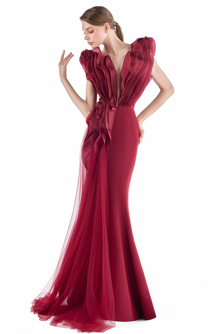 Sculpted Crepe with Organza Ruffled Dress