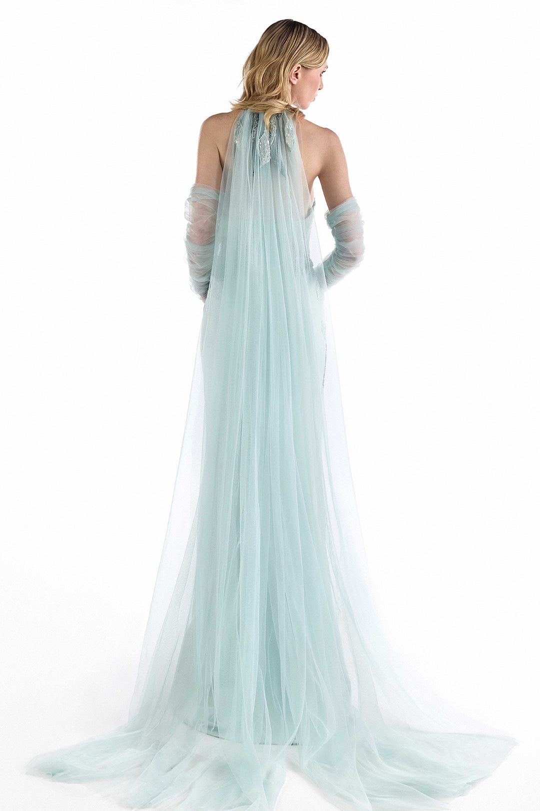 Sheer Cape Pleated Halter Dress