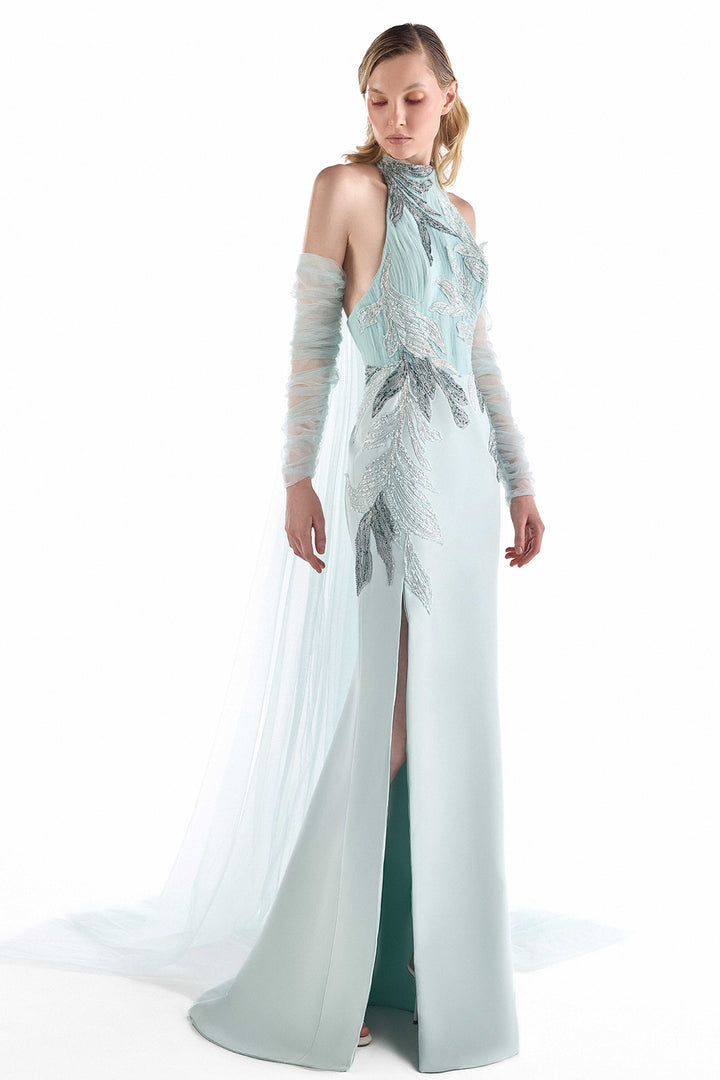Sheer Cape Pleated Halter Dress