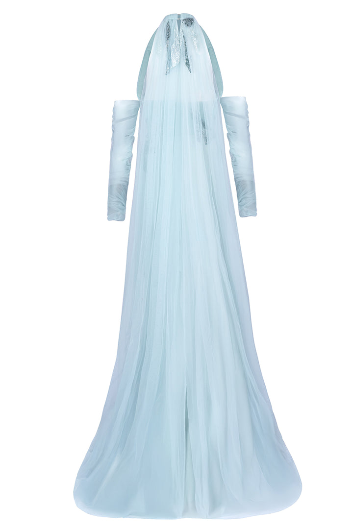 Sheer Cape Pleated Halter Dress