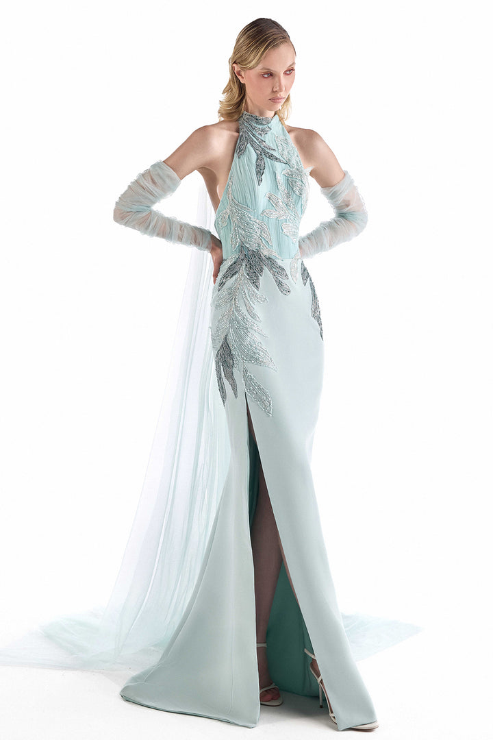 Sheer Cape Pleated Halter Dress
