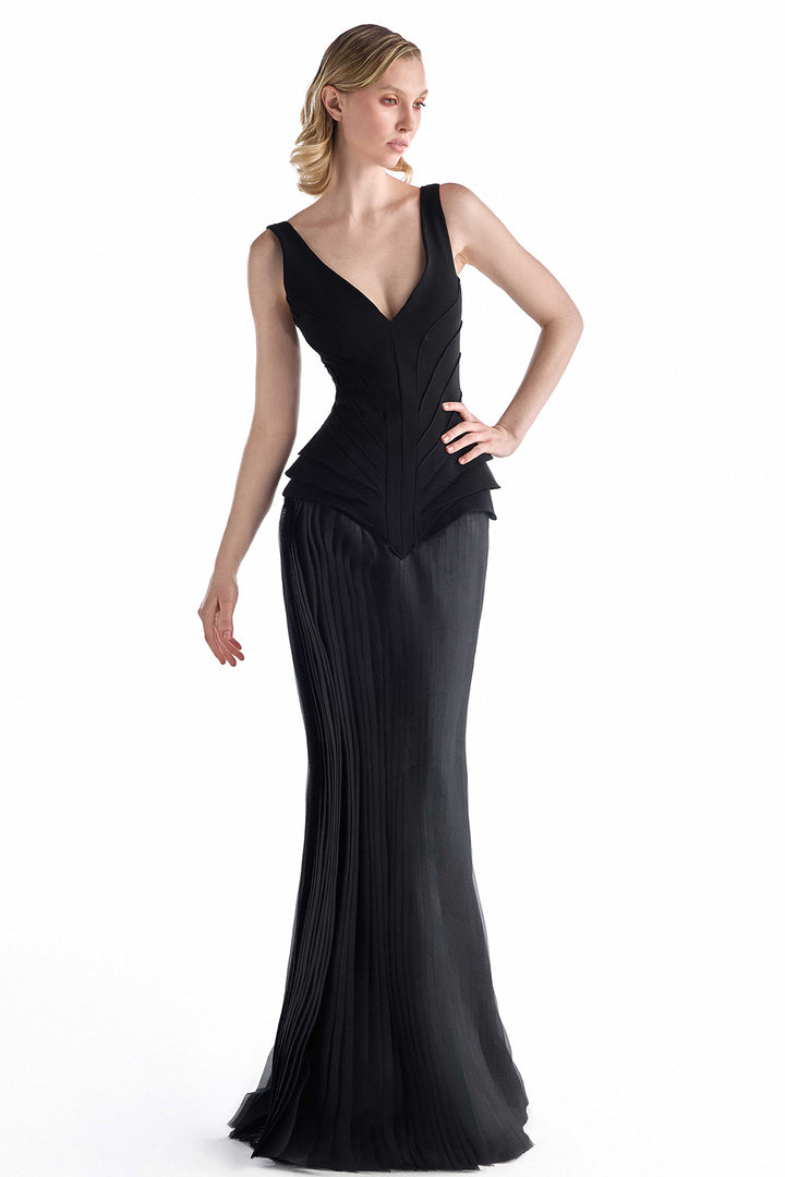 Deep V-Neck with Peplum Organza Dress