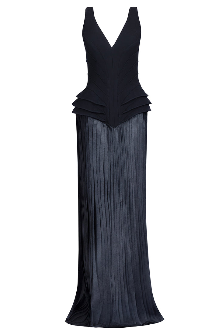 Deep V-Neck with Peplum Organza Dress