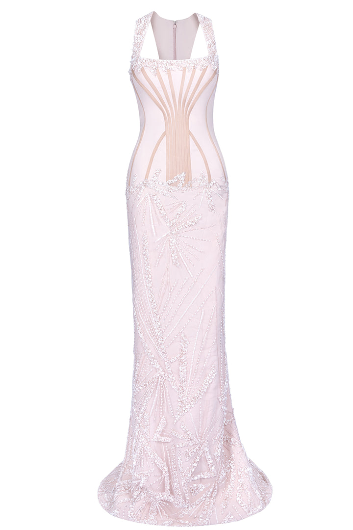 Square-Neck Beaded with Crepe Dress