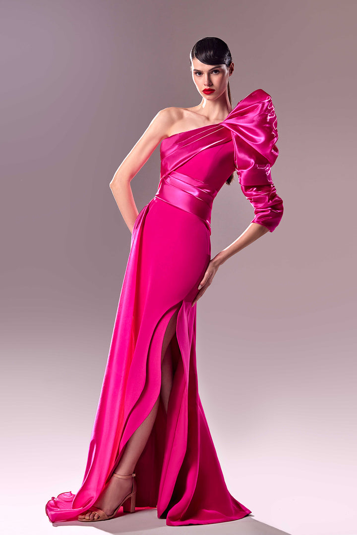 One-Shoulder Organza and Crepe Dress