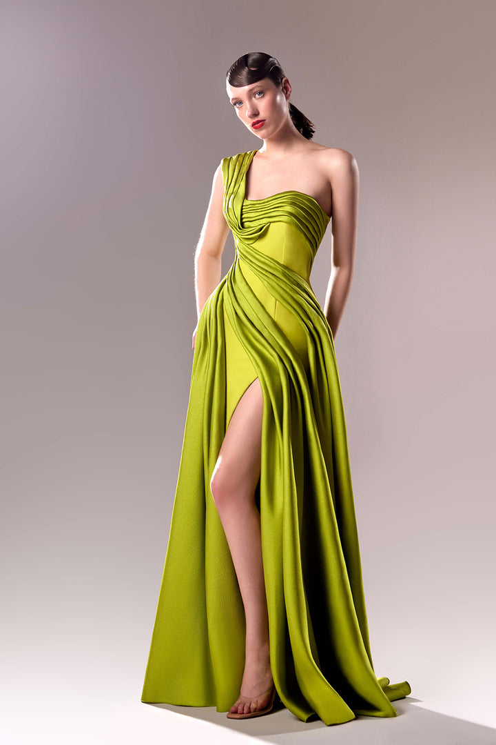 One-Shoulder Crepe and Pique Mikado Dress