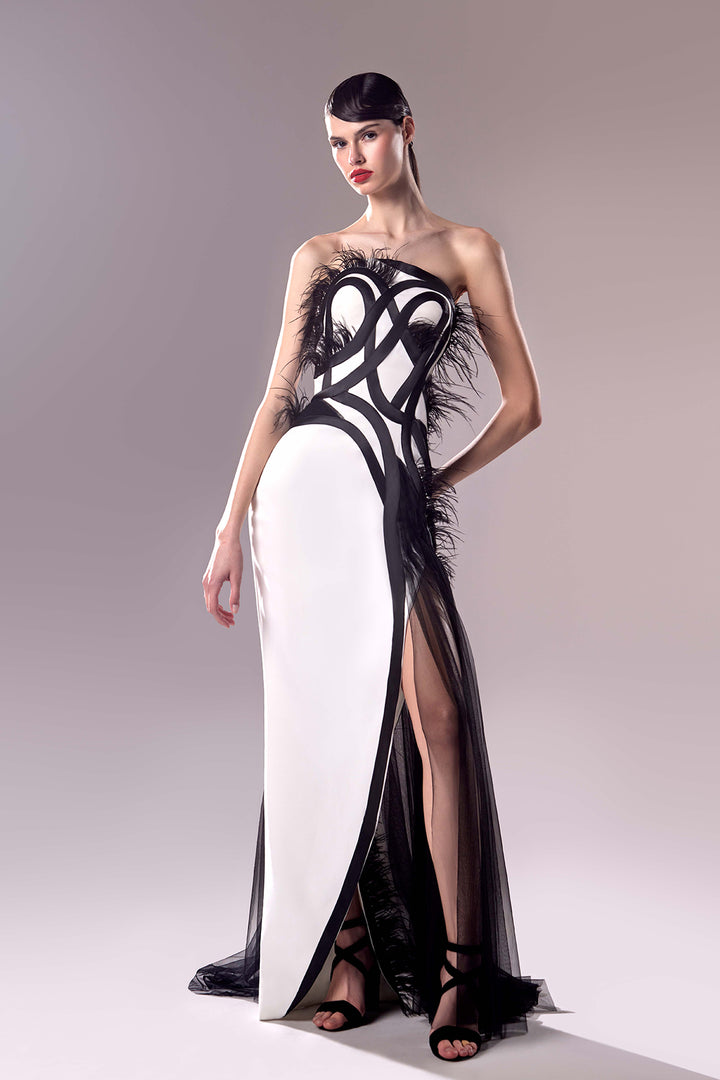 Strapless Crepe Dress with Feathers