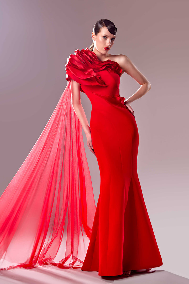 One-Shoulder Mermaid Dress with Side Cape