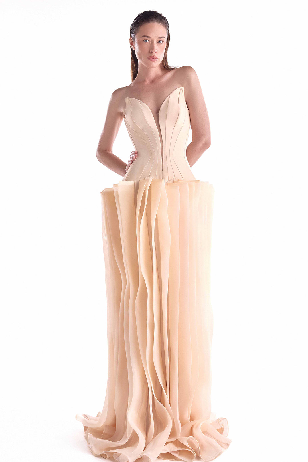 Crepe Gown with Angled Deep-V Bodice and Layered Organza Skirt