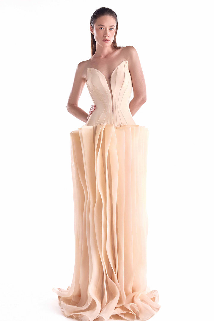 Crepe Gown with Angled Deep-V Bodice and Layered Organza Skirt