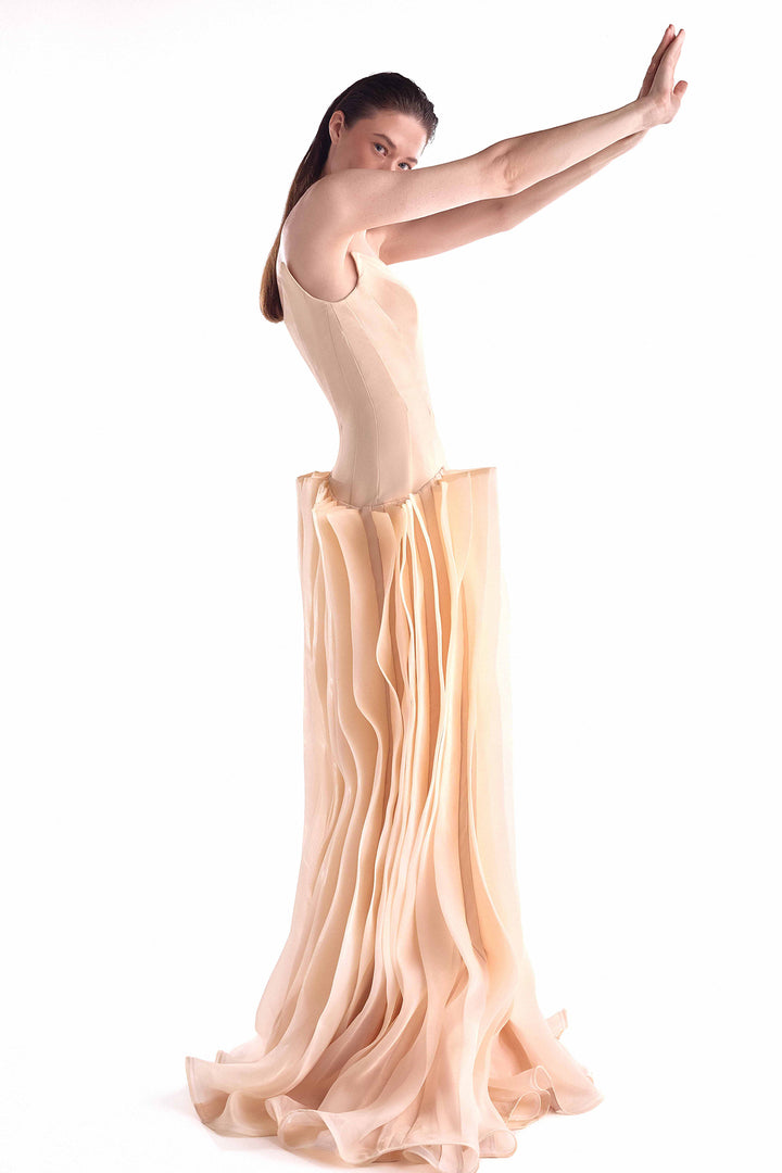 Crepe Gown with Angled Deep-V Bodice and Layered Organza Skirt