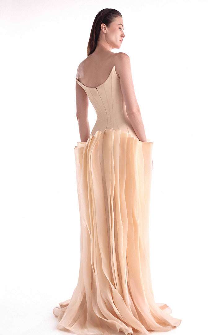 Crepe Gown with Angled Deep-V Bodice and Layered Organza Skirt