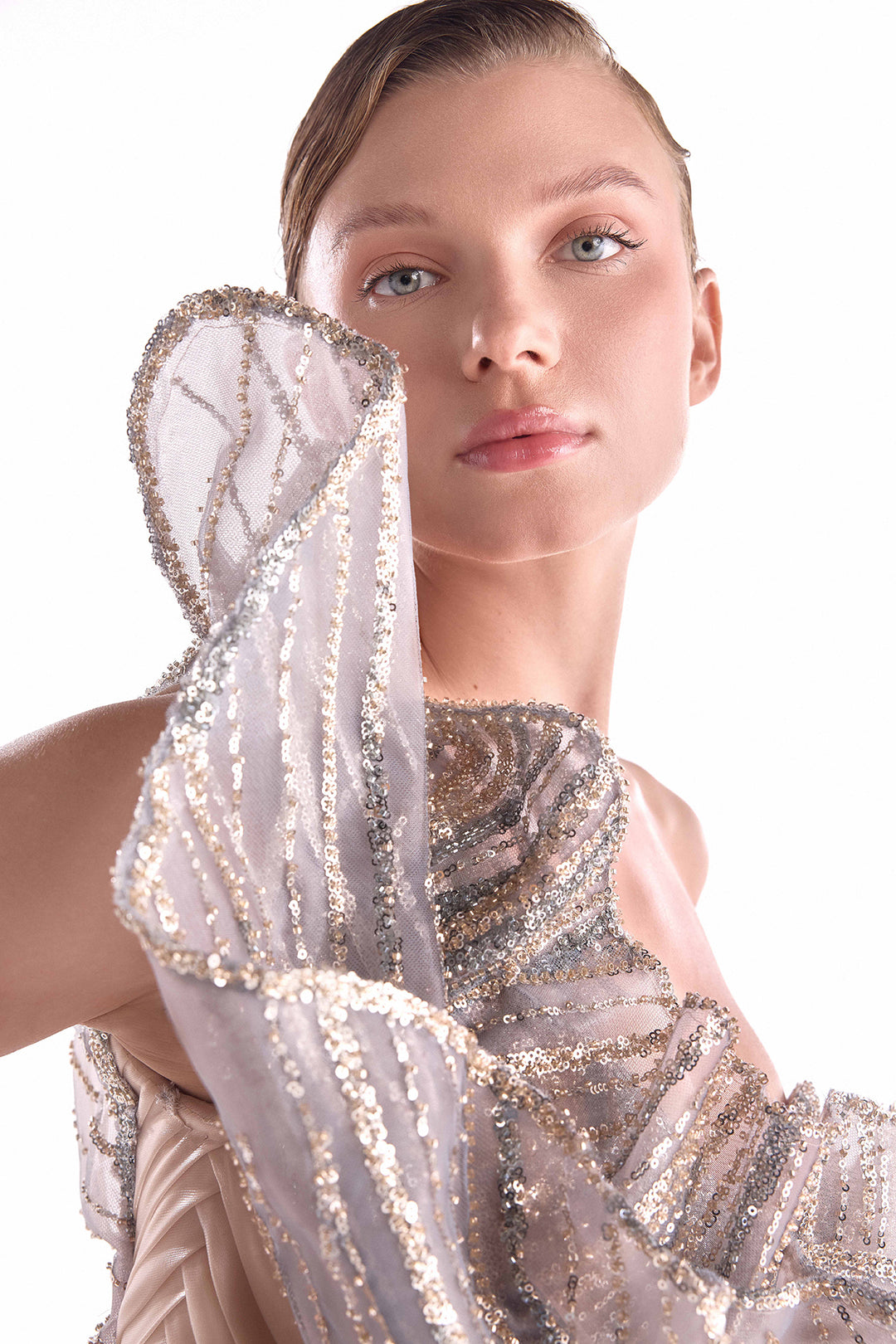 Lace Dress with One-Shoulder Sculpted Bust