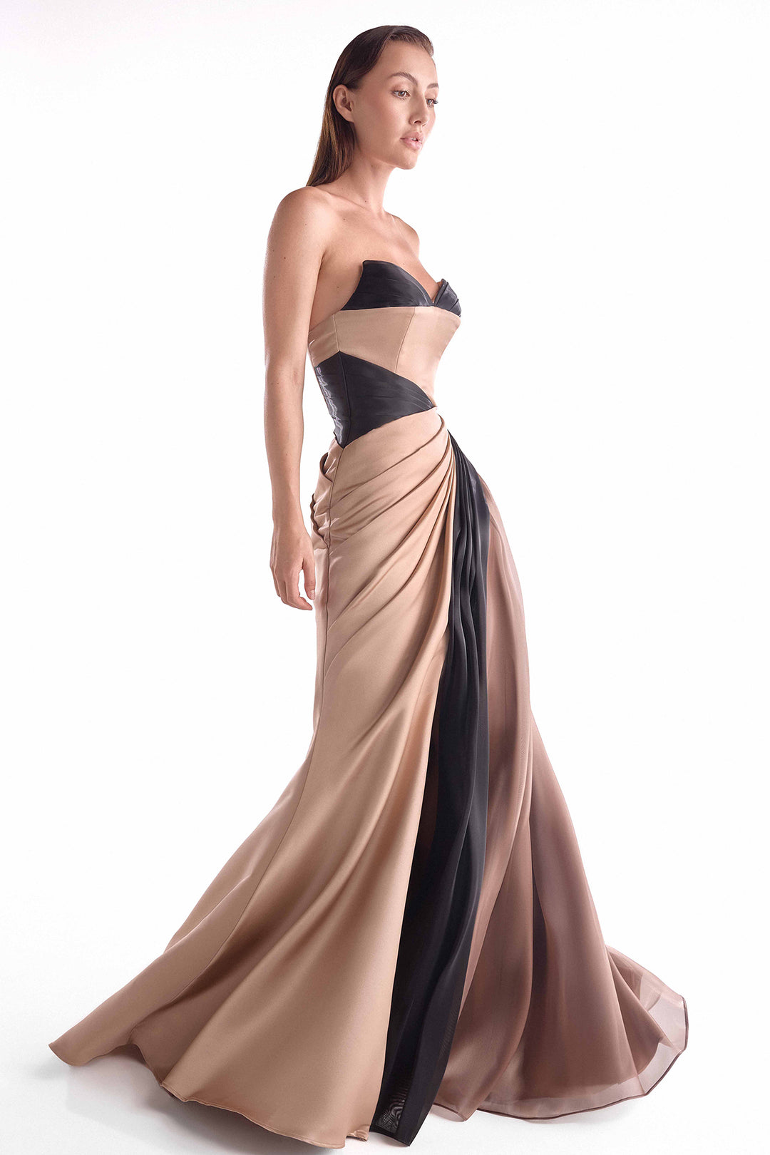 Draped Gown in Razmir Satin and Liquid Organza