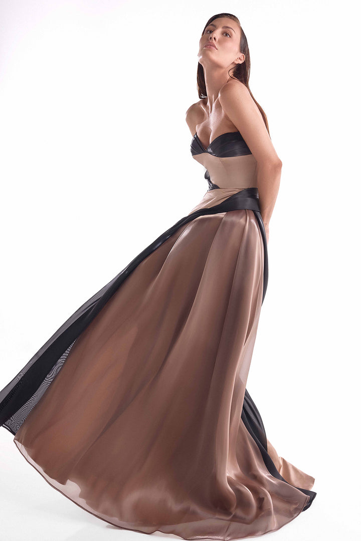Draped Gown in Razmir Satin and Liquid Organza