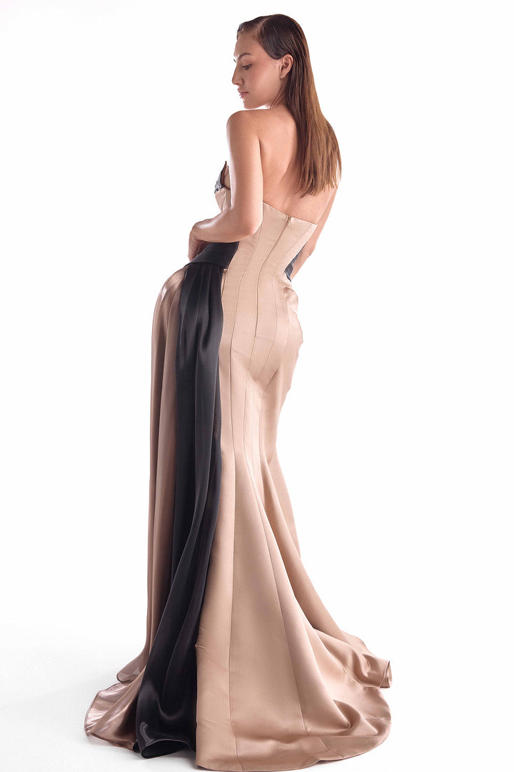 Draped Gown in Razmir Satin and Liquid Organza