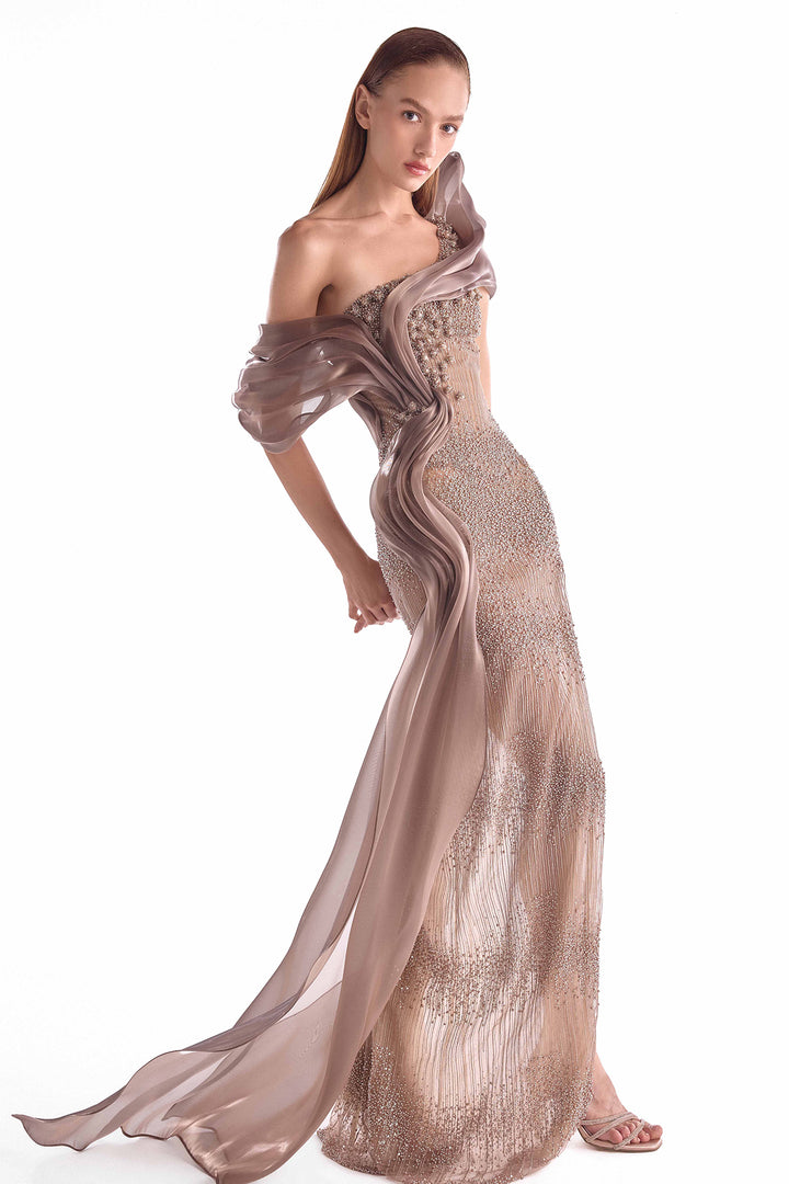 Illusion Long Dress with Draped Organza
