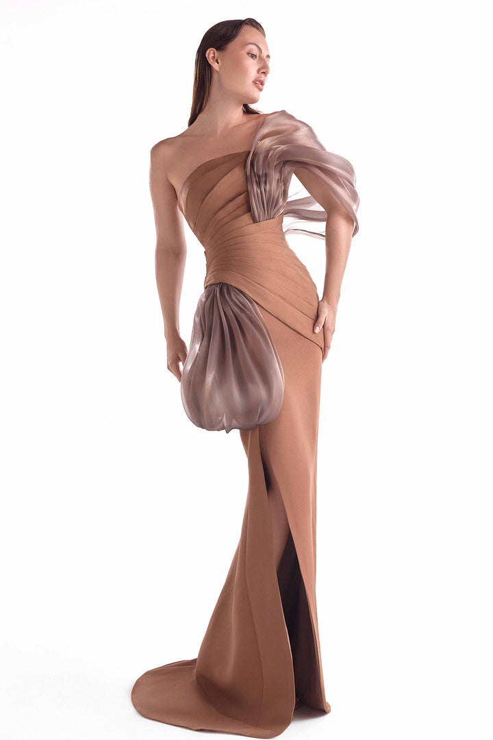 Off-The-Shoulder Crepe Dress with Draped Organza