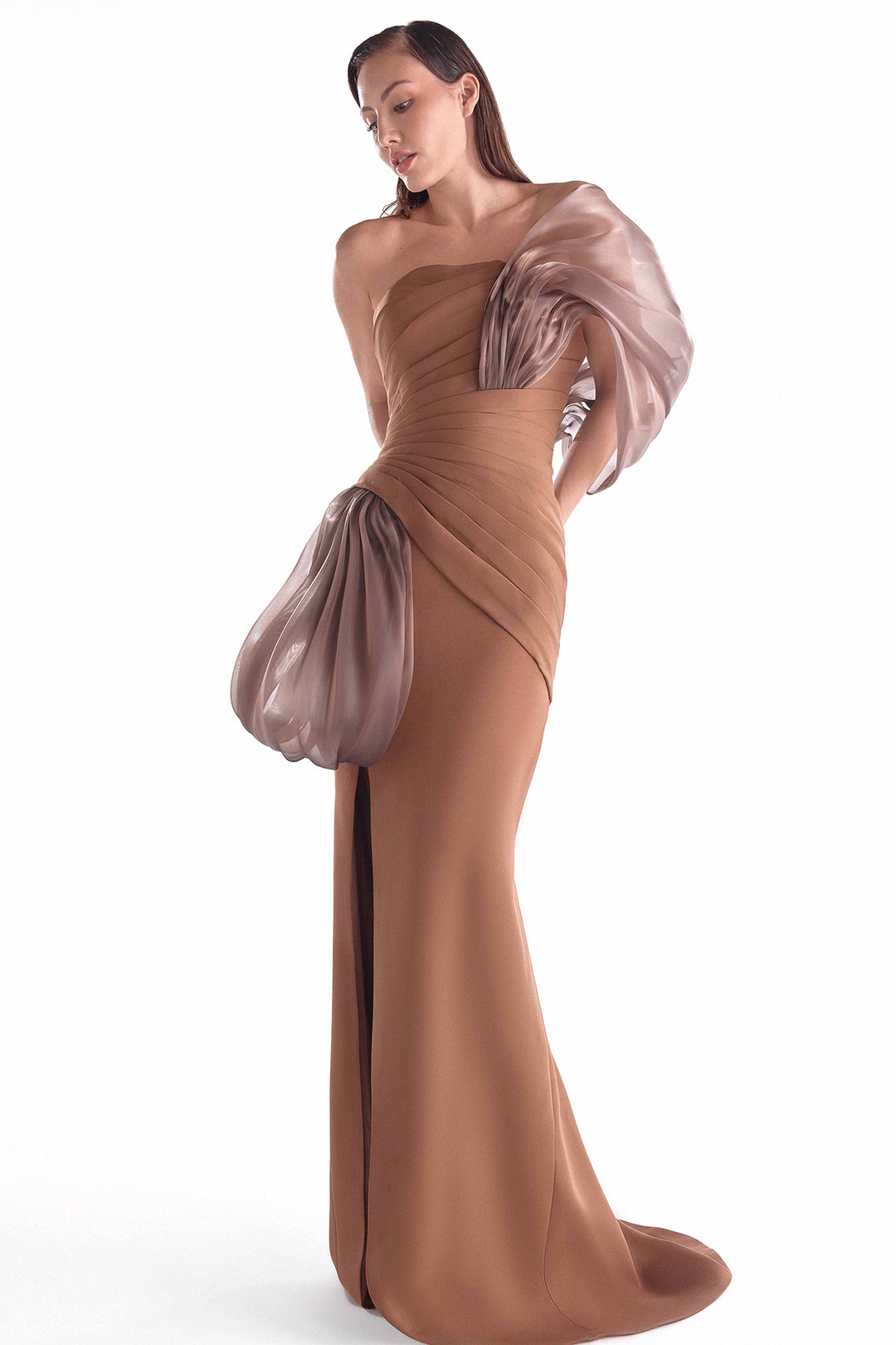 Off-The-Shoulder Crepe Dress with Draped Organza