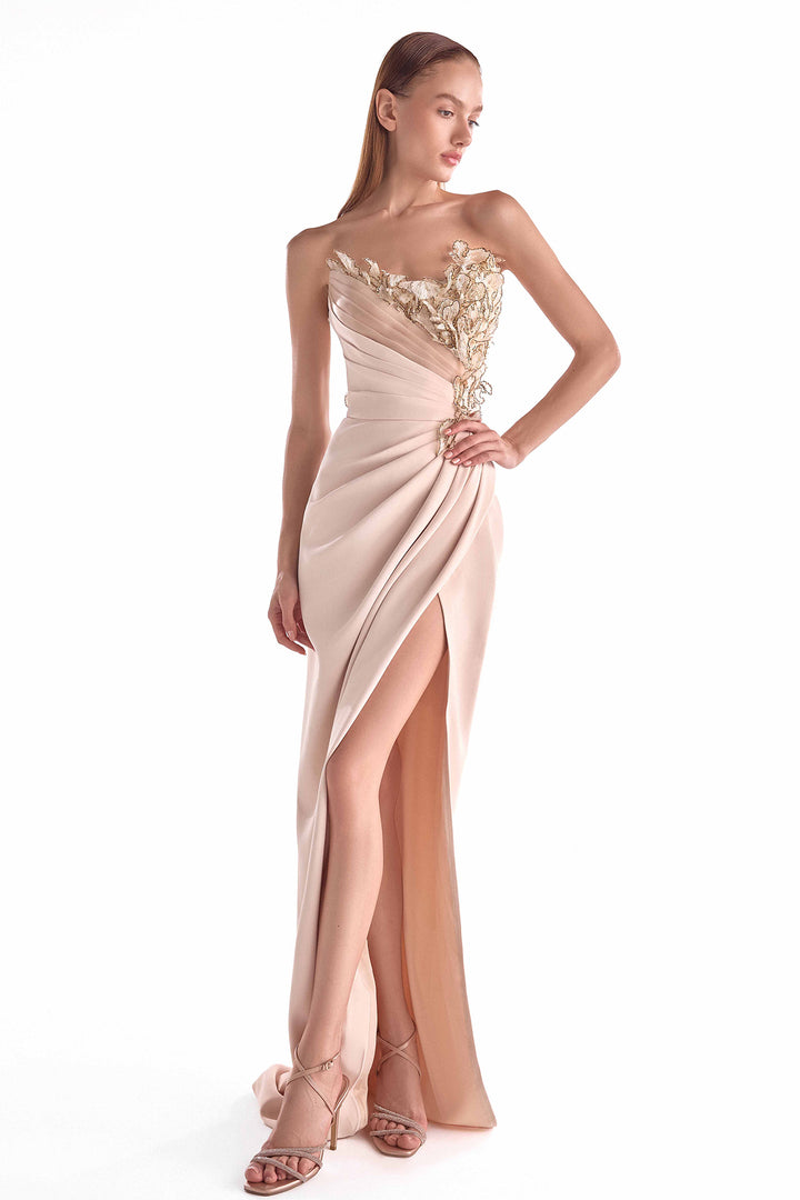 Draped Gown with Golden Floral Embellishment and High Slit