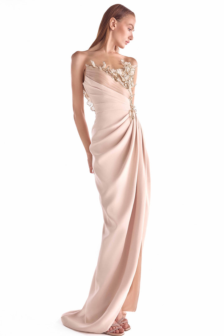 Draped Gown with Golden Floral Embellishment and High Slit