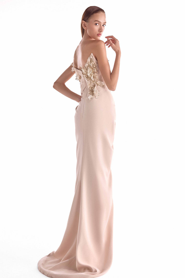 Draped Gown with Golden Floral Embellishment and High Slit