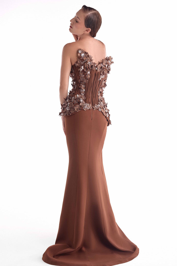 Corset Dress with Plunging Neckline and 3D Floral Appliqué