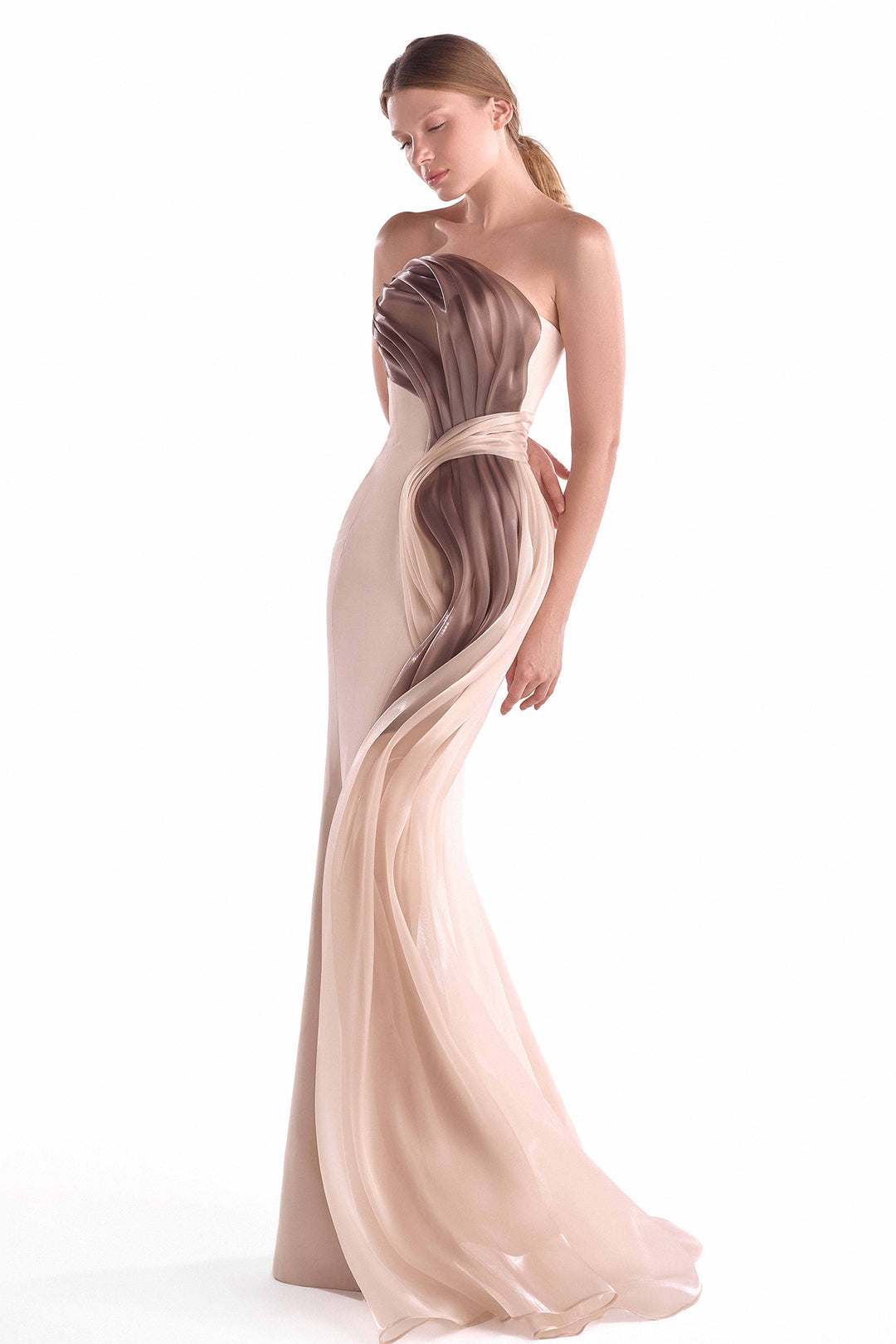 Strapless Mermaid Gown with Draped Two-Tone Organza