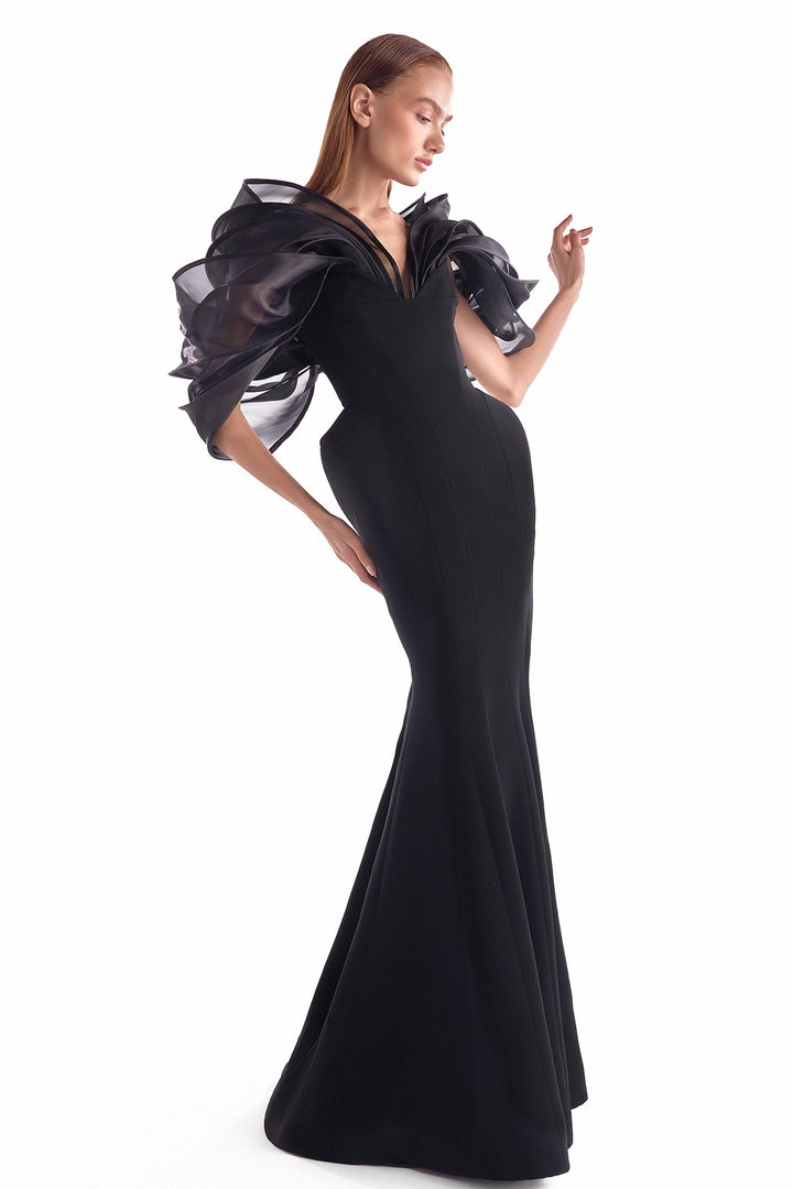 Mermaid Dress with Sculpted Hips and Organza Petal Shoulders