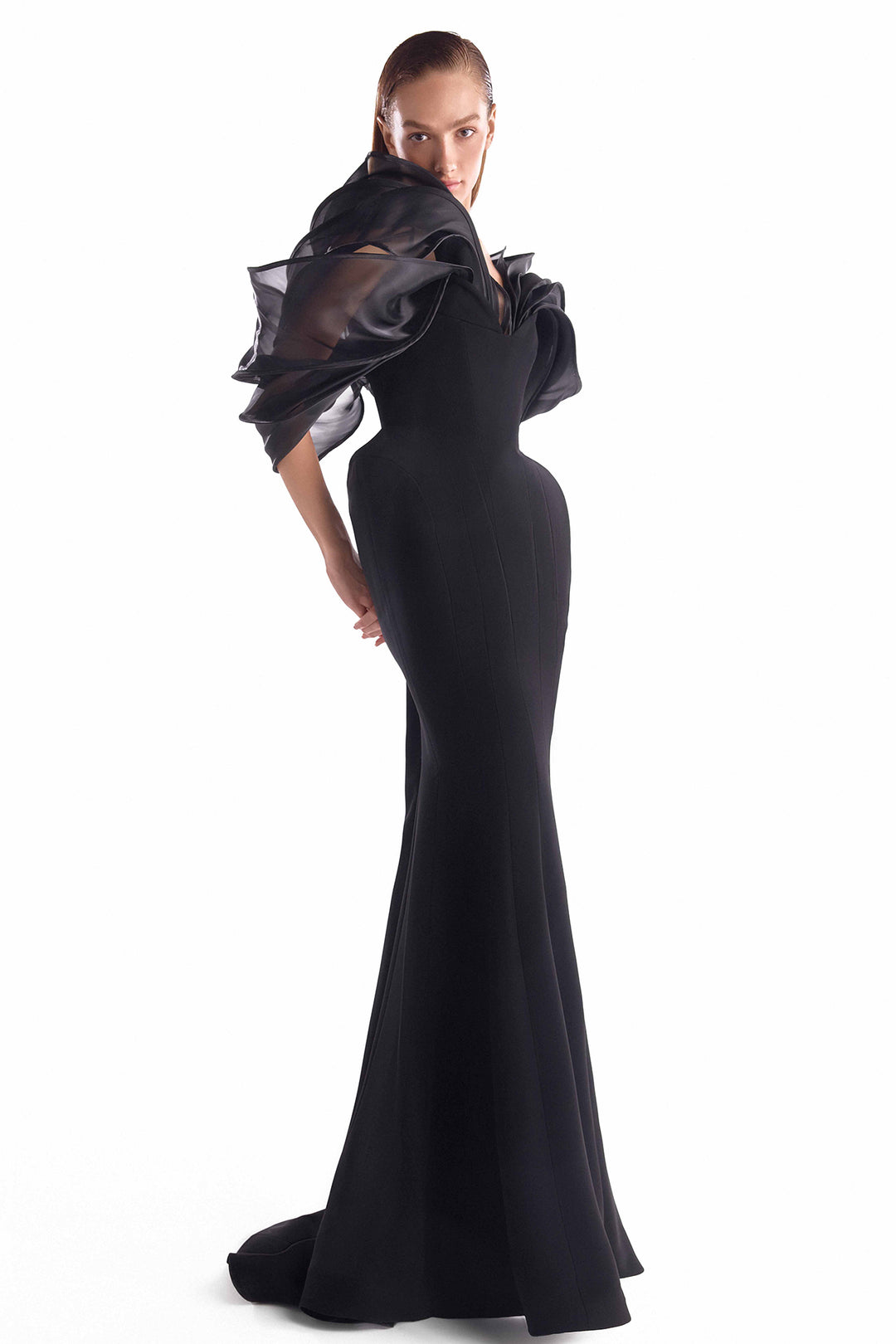 Mermaid Dress with Sculpted Hips and Organza Petal Shoulders