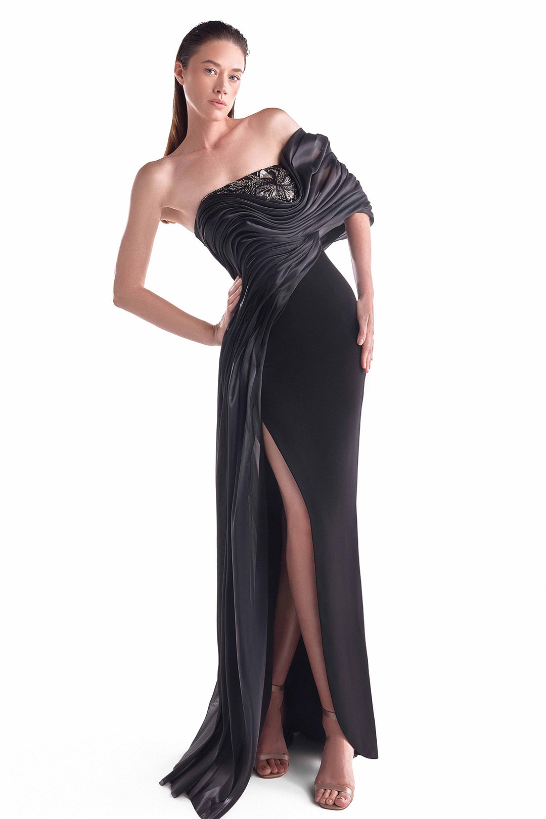 Off-Shoulder Gown with Draped Organza and Lace Bodice