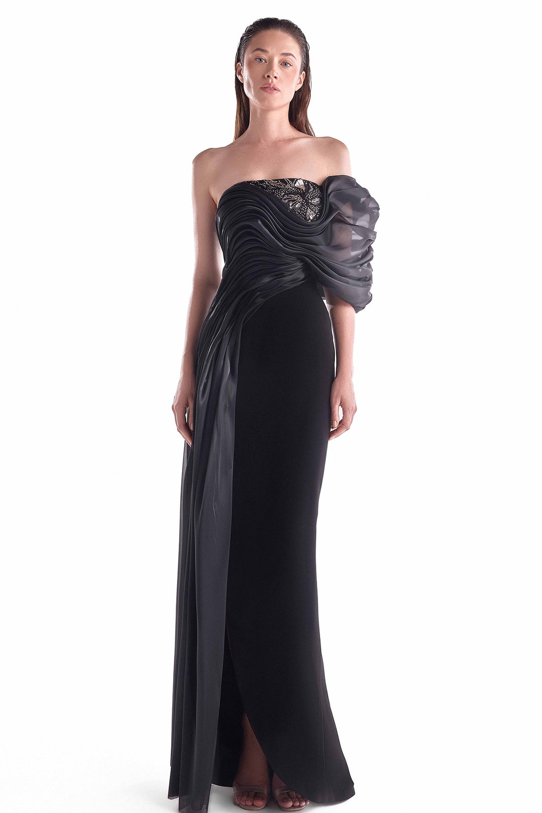 Off-Shoulder Gown with Draped Organza and Lace Bodice