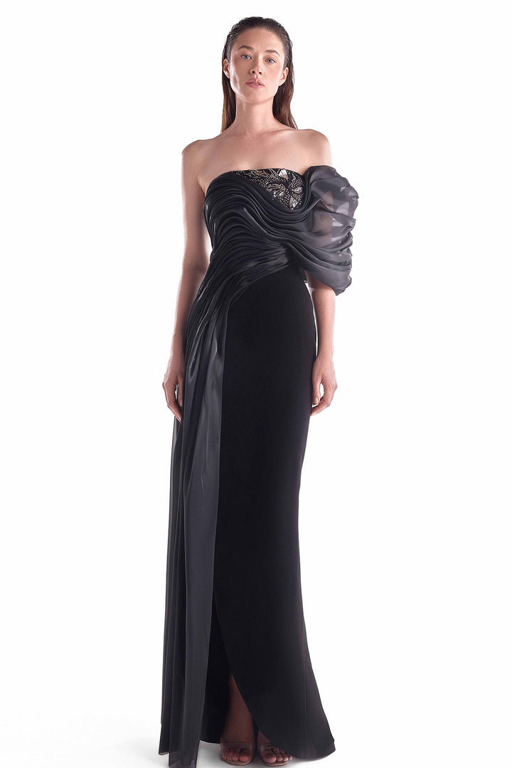 Off-Shoulder Gown with Draped Organza and Lace Bodice
