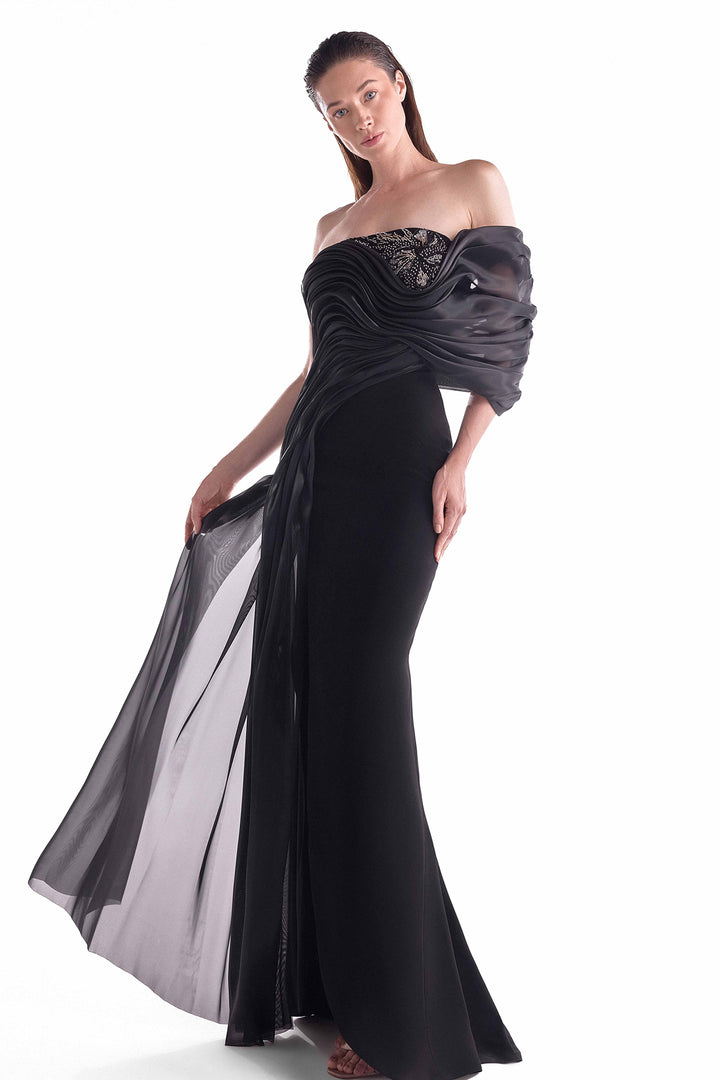 Off-Shoulder Gown with Draped Organza and Lace Bodice
