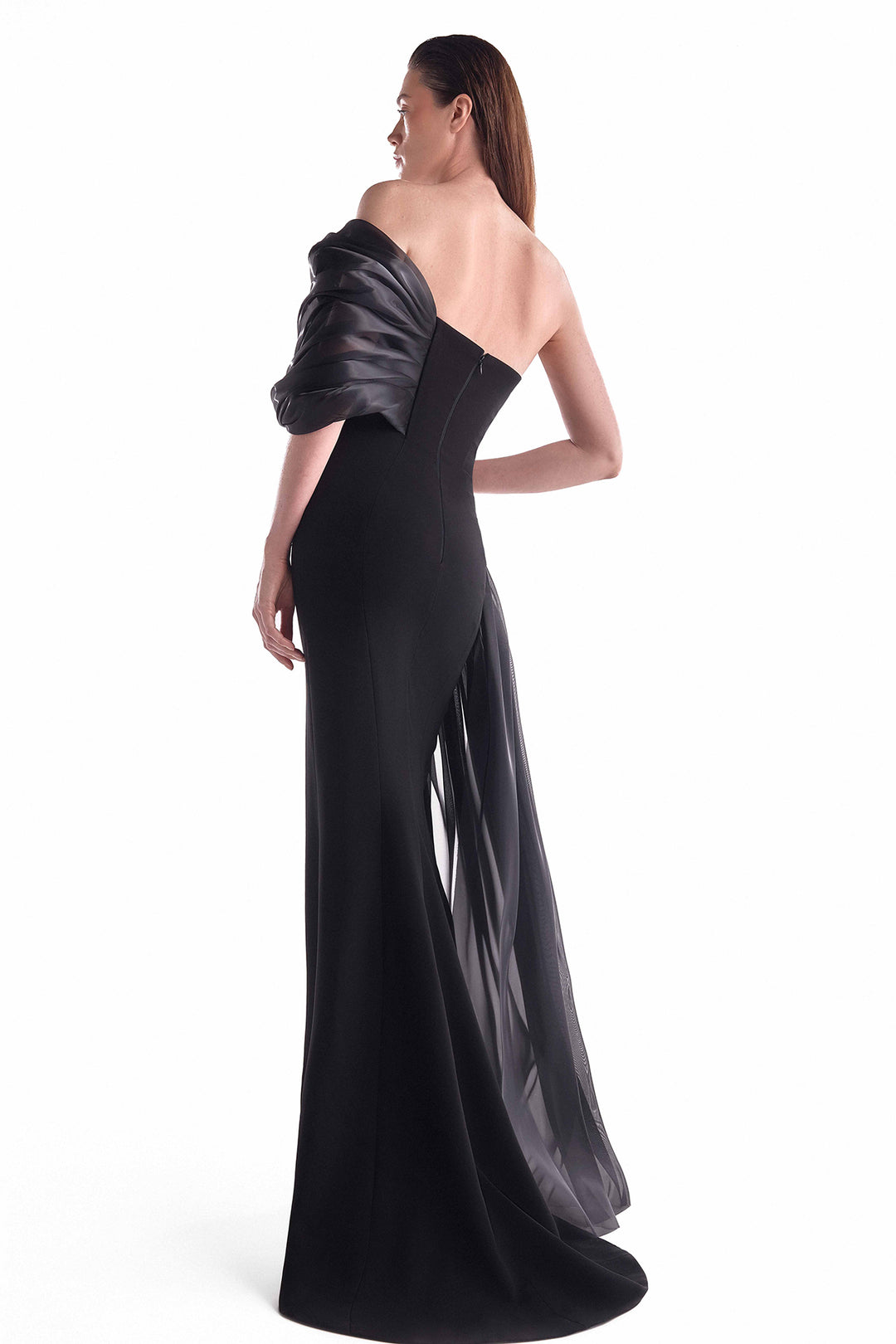 Off-Shoulder Gown with Draped Organza and Lace Bodice
