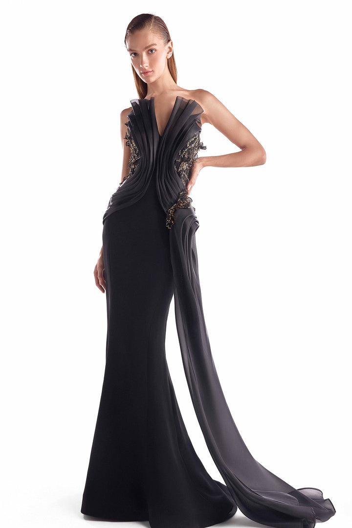 Mermaid Dress with Draped Organza and Lace Inserts