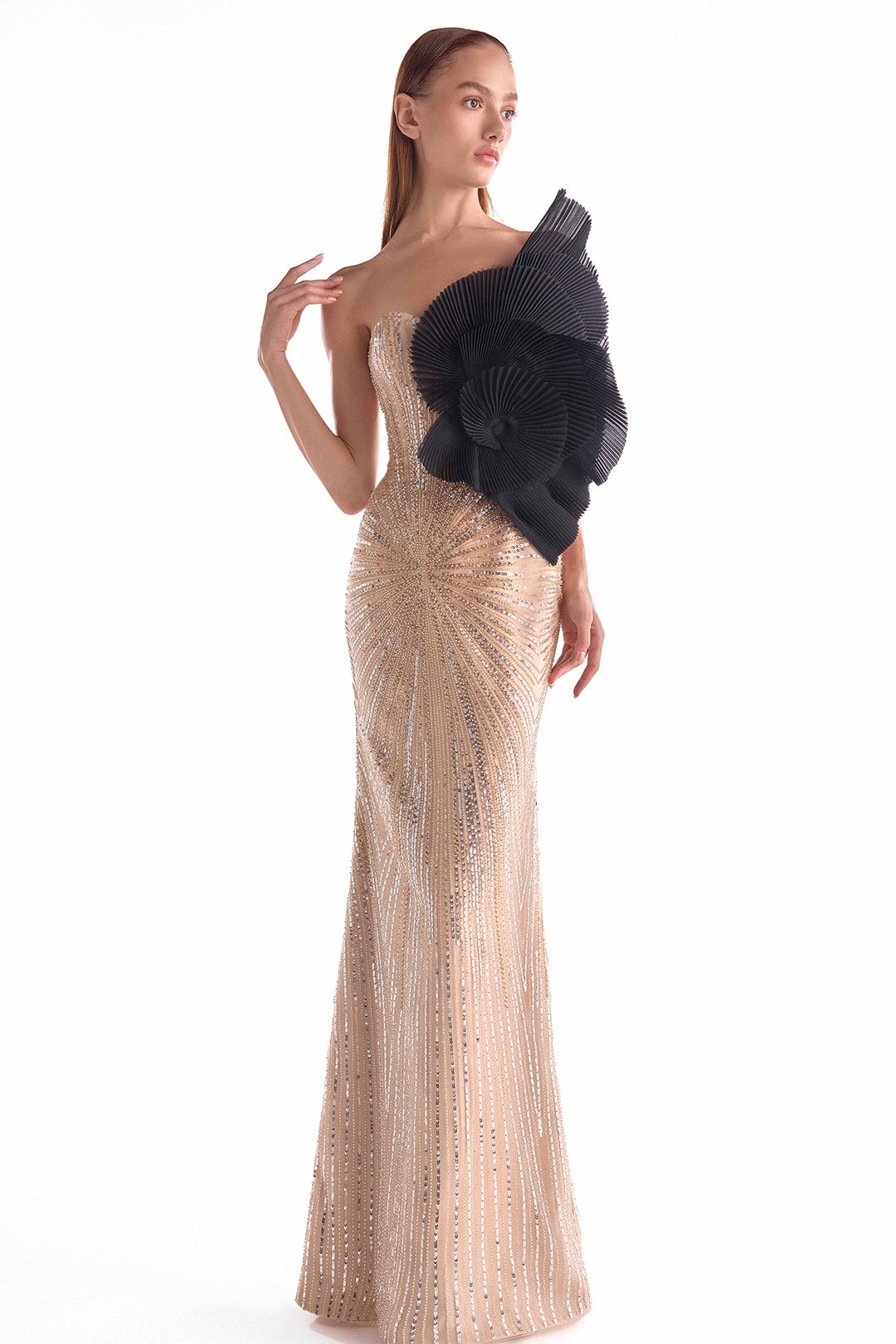 Sunburst Embellished Dress with Oversized Bloom