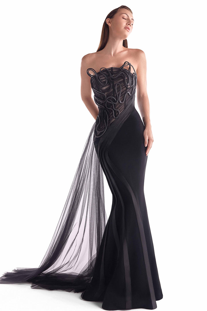 Strapless Dress with Draped Illusion Bodice